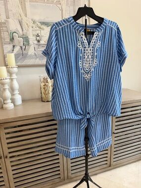 Ruby Rd Blue and White Striped Two-Piece Set with Embroidered Neckline